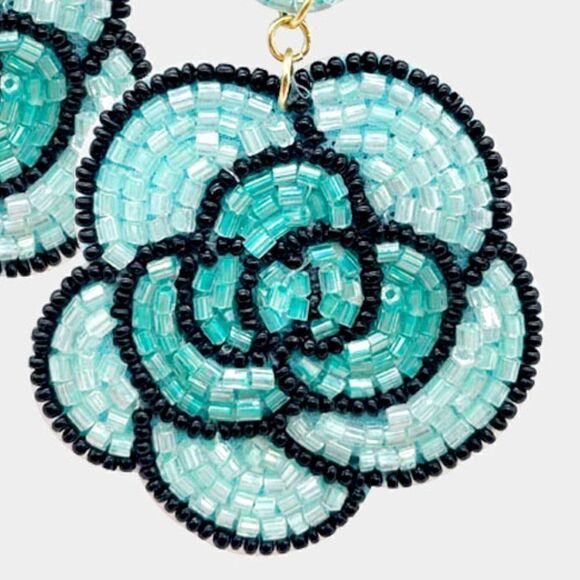 Flower Blue Seed Bead Dangle Earrings - Picture 2 of 5